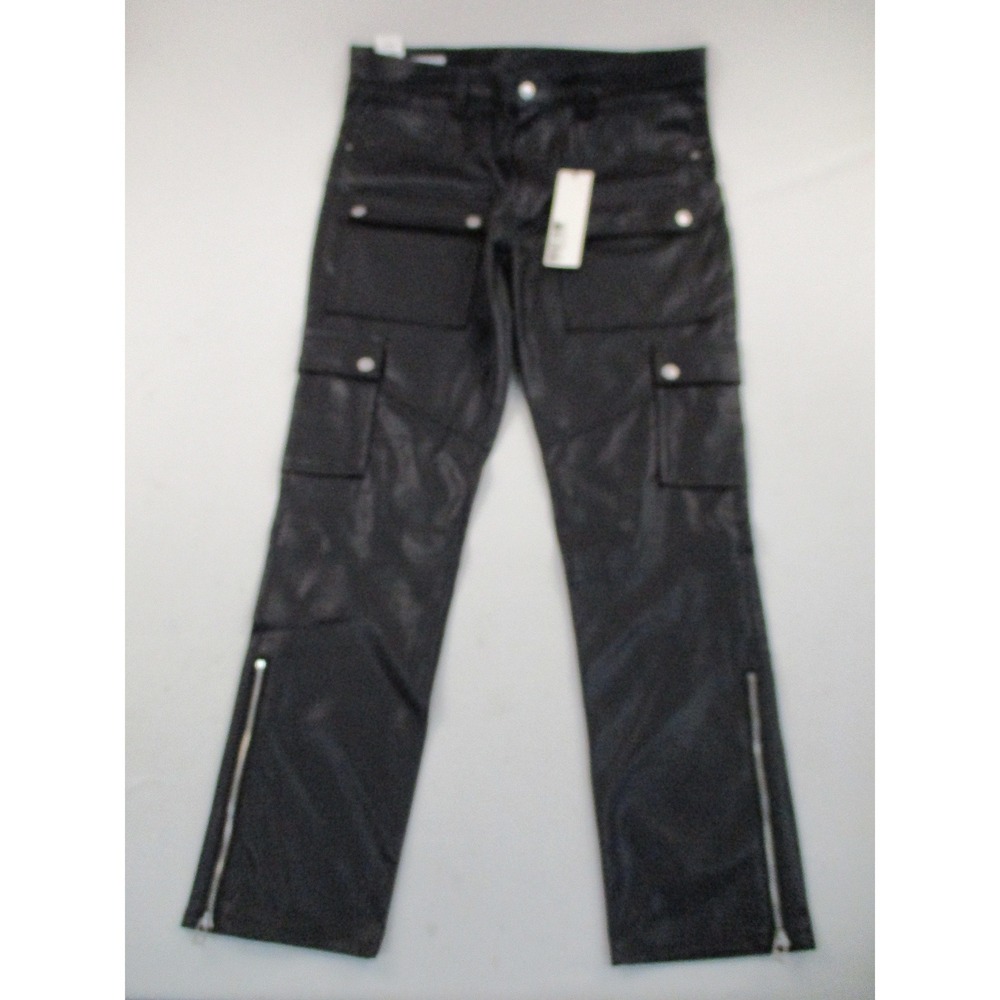 First Row Cargo Pants Mens 38x32 Black Faux Leather Utility Zipper‎ Hem FRP3301
